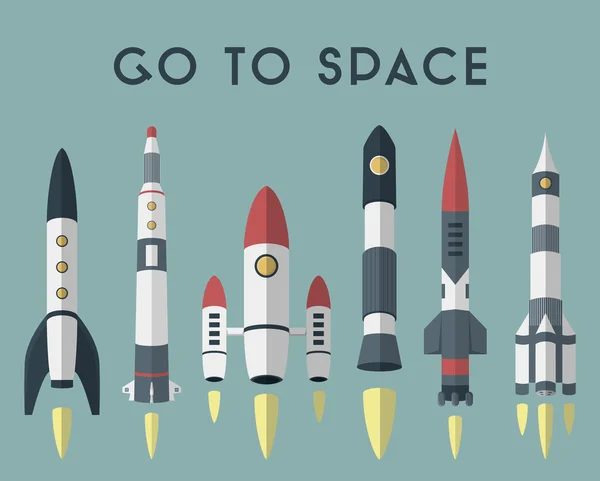 Los cohetes van al espacio. Vector de diseño plano de color — Archivo Imágenes Vectoriales
