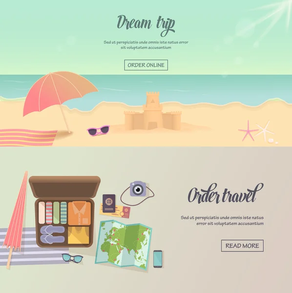 Vacaciones de verano, etiquetas de playa, sombrilla e ilustración del castillo — Vector de stock