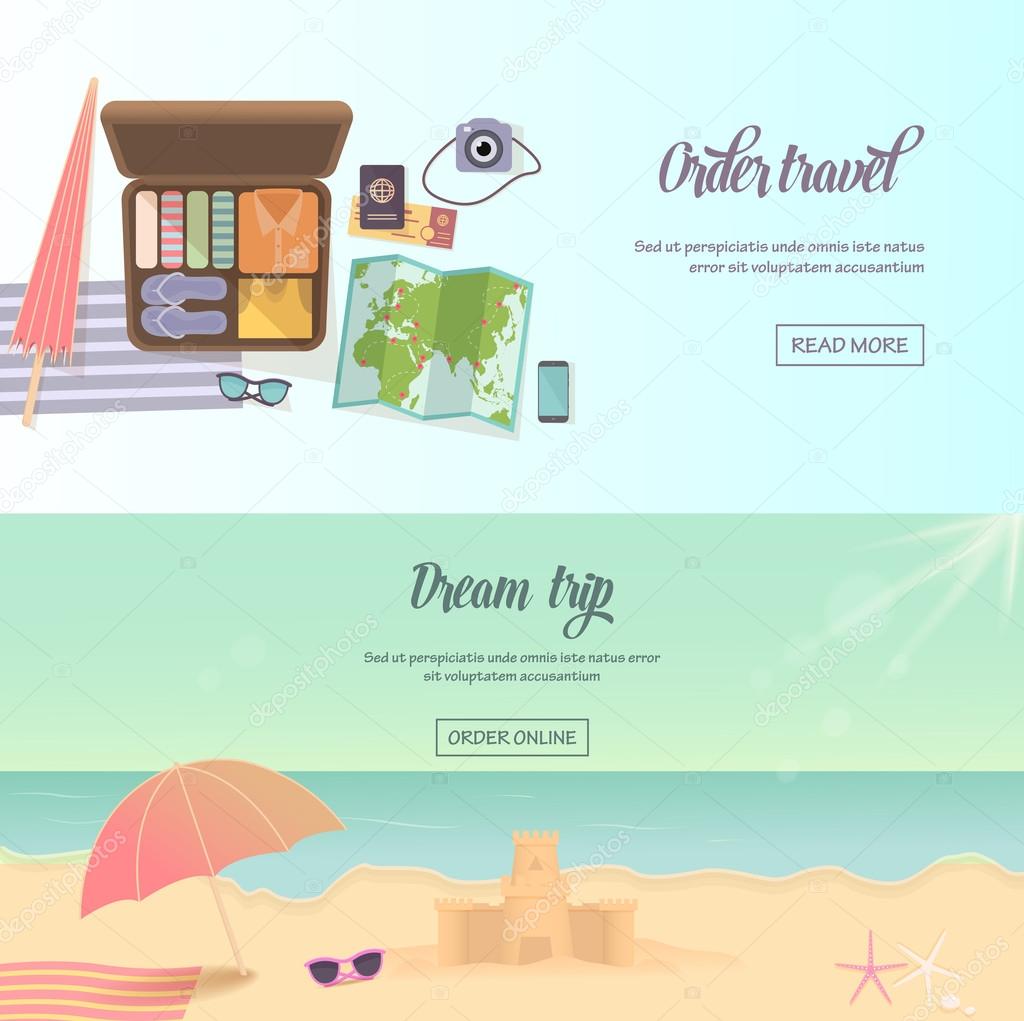 Summer holidays, beach labels, umbrella and castle illustration