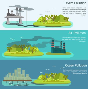 Vector landscape with air, ocean pollution.