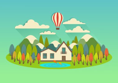 Vector city on the island with balloon