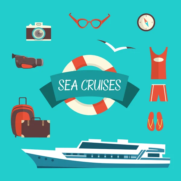 Tourism concept image sea vacation flat vector icons with ship — ストックベクタ