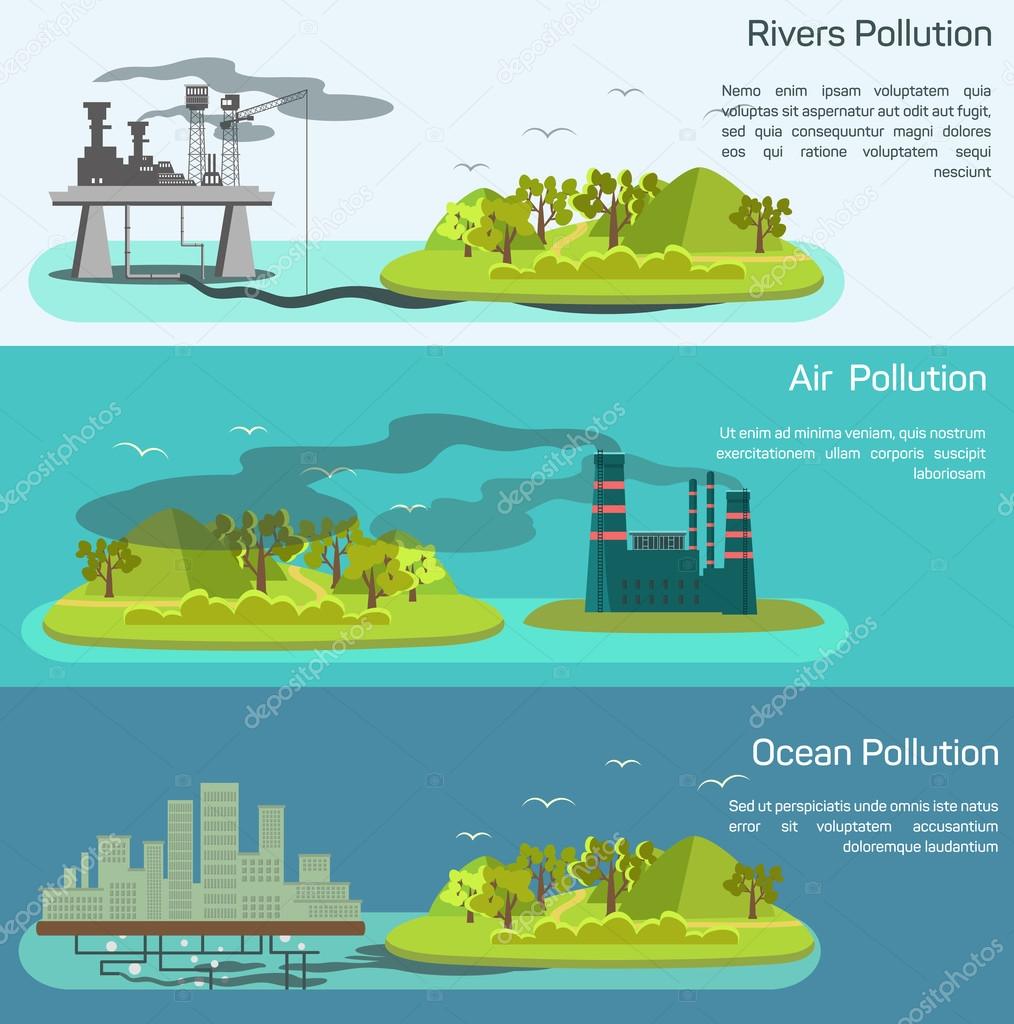 Vector landscape with air, ocean pollution.