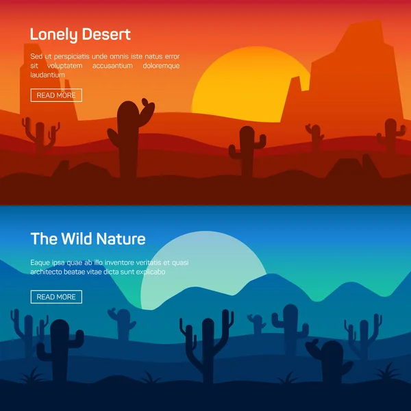 Horizontal banner set with lonely desert and wild nature — Stock Vector