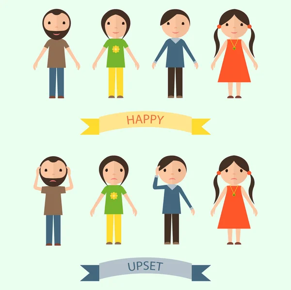 Set of characters with happy and upset emotions — Stockvector