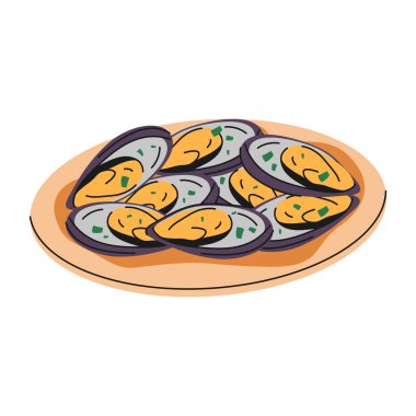 Tabakta midye ya da deniz ürünleri. Kabuklu deniz ürünlerinin vektör simgesi. Restoran ya da kafe menüsü için ızgara ya da ızgara yemek. Deniz yemekleri ve deniz besin işaretleri. Aşçılık, yemek pişirme, tarif, gastronomi..