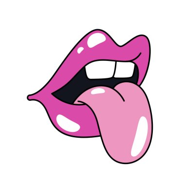 Rujlu ve dilli kadın dudakları. Cinsel kadın ağzı olan vektör pop sanat ikonu. Şehvetli öpücük sembolü. Kadın makyajı ifadesi. Kız modası ve güzellik pop sanatı. Retro çizgi film makyaj işareti.