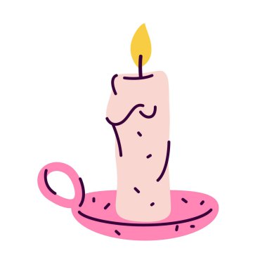 Parlayan mum ya da ateşli klasik fitil vektörü. Düz çizgi film dekoratif iç ışık veya geleneksel gece mum ışığı. Ruhani tören için aydınlanma. Ateşli balmumu dekor. Gece evi yangını.