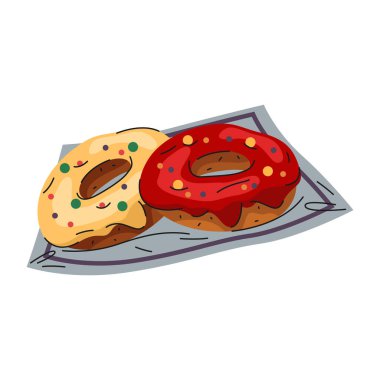 Çörek mi, çörek mi? Amerikan yemeği. Şekerli, jöleli, şekerli ve kremalı vektör hamur işi. Tatlı fırın ya da aperatif klip için tatlı. Kahvaltı kahvesi. Bistro mu kahve mi? Yemek mi?.