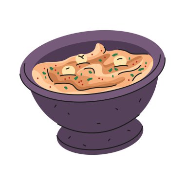 Arap humus yemeği ya da fasulye, nohut arap yemeği. Kasede vektör yemeği, orta doğu mezesi, gastronomi aperatifi veya menü için aperatif tabağı. Ev yapımı tarif ikonu. Akdeniz mutfağı ve aşçılık.