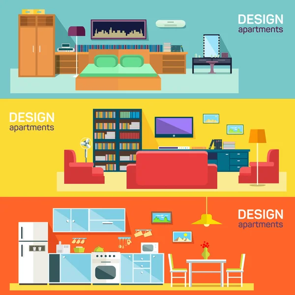 Diseño interior del hogar para cama de cocina y salas de estar — Vector de stock