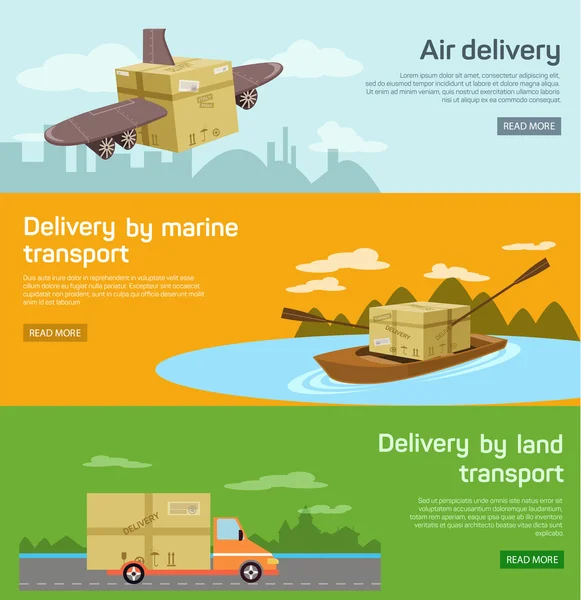 Logistic concept flat banners set of maritime rail and air transport delivery services abstract isolated vector illustration — ストックベクタ
