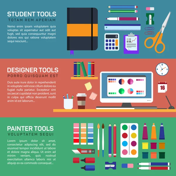 Painter and designer tools in workspace or boxes stationery — Wektor stockowy