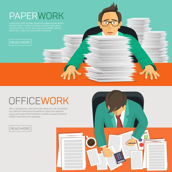 Занятой бизнесмен, работающий с бумагами на столе в офисе — стоковый вектор