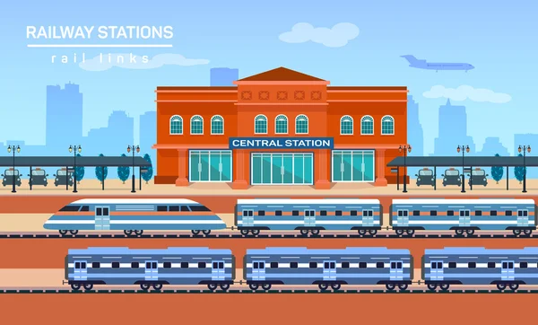 Railway station, vector flat background illustration — Stock Vector