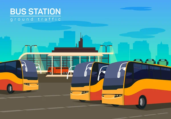 Bus station, vector flat background illustration — Stock Vector