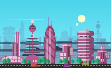 Modern binalar, yollar, fütüristik Trafik yoğun kentsel cityscape şablonları