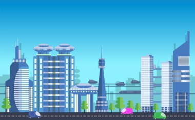 Modern binalar, yollar, fütüristik Trafik yoğun kentsel cityscape şablonları