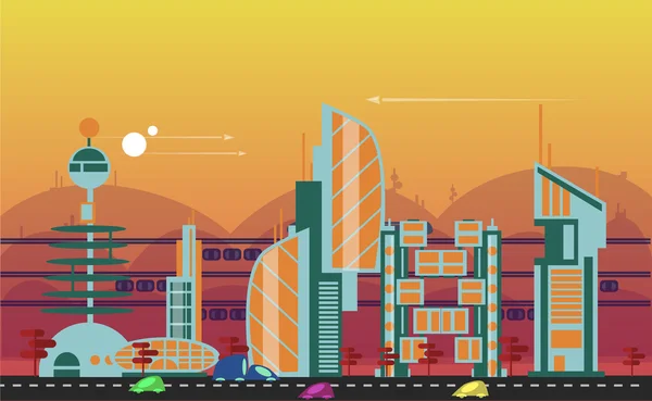 Plantillas de paisaje urbano ocupado con edificios modernos, carreteras, tráfico futurista — Vector de stock