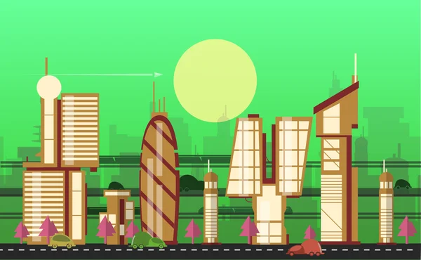 Plantillas de paisaje urbano ocupado con edificios modernos, carreteras, tráfico futurista — Vector de stock