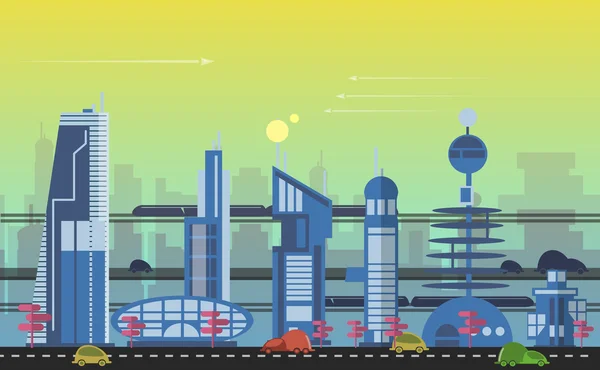 Plantillas de paisaje urbano ocupado con edificios modernos, carreteras, tráfico futurista — Vector de stock