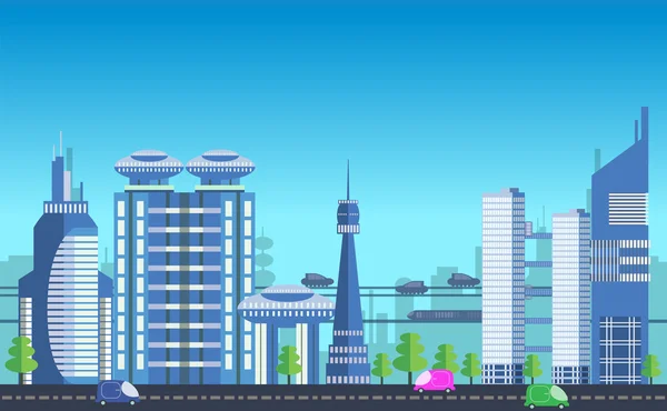 Rušné městské panoráma šablony s moderními budovami, silnic, futuristický dopravní — Stockový vektor