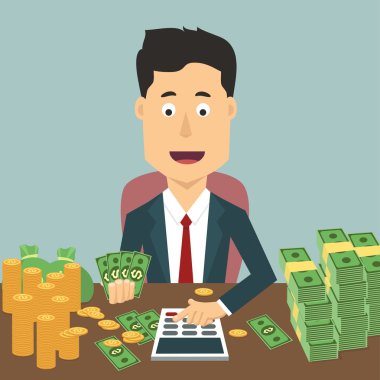 Vector flat illustration of businessman with pile a money