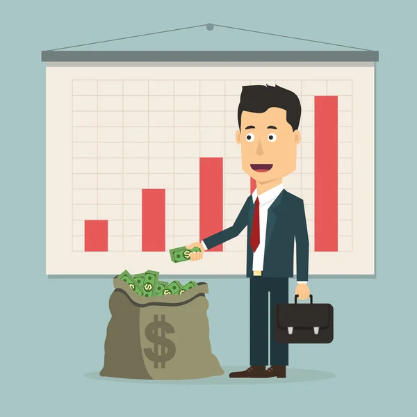 Vector flat illustration businessman with pile of money — 图库矢量图片