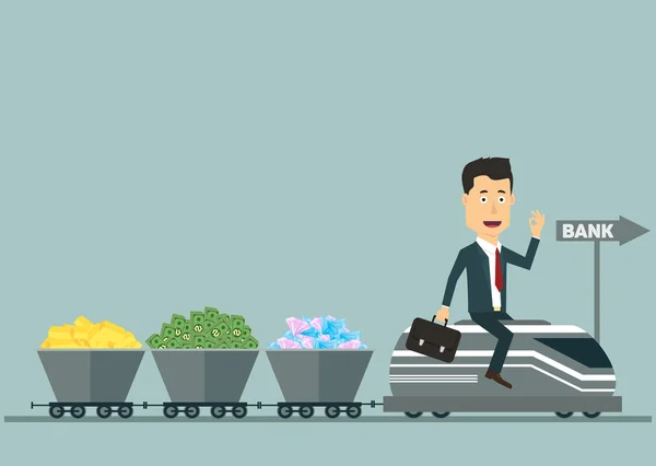 Vector flat businessman on the train with wagons full money — 图库矢量图片