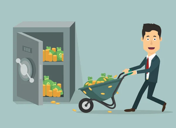 Vector flat illustration businessman with hand wheel-barrow full money. — Stockvector