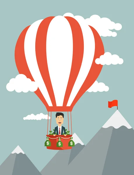Vector flat illustration of a businessman flying on aeronautics balloon — Stockvector