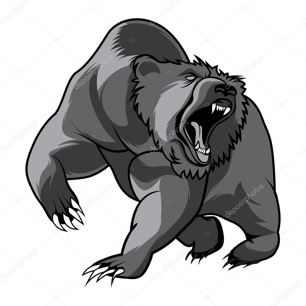 walking bear animal head black and white vector emblem