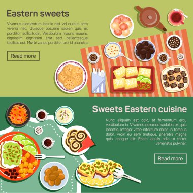 Vector flat illustration of eastern sweets dishes.