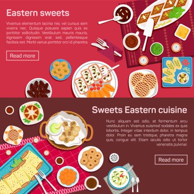 Vector flat illustration of eastern sweets dishes.