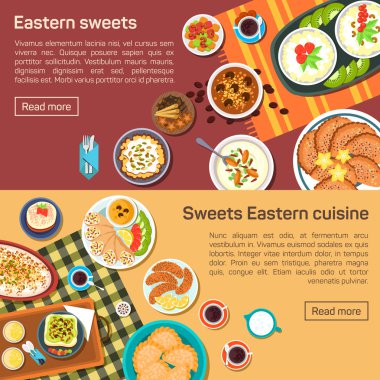 Vector flat illustration of eastern sweets dishes.