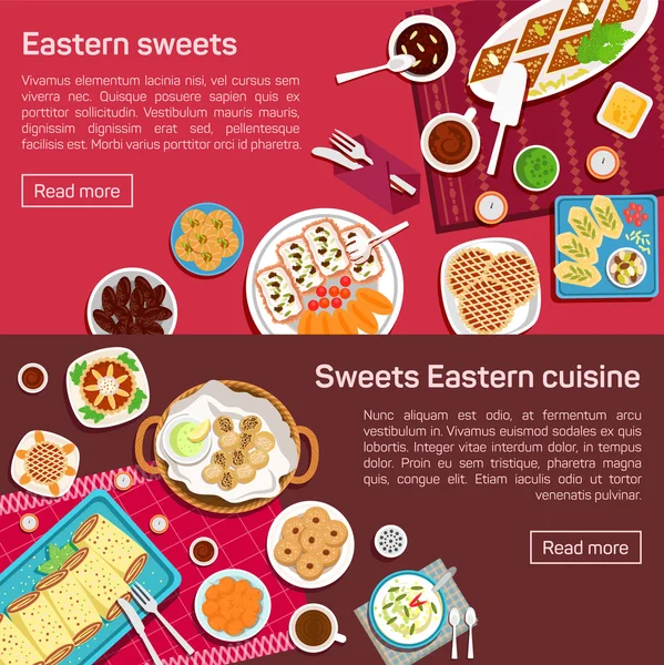 Vector flat illustration of eastern sweets dishes. — Διανυσματικό Αρχείο