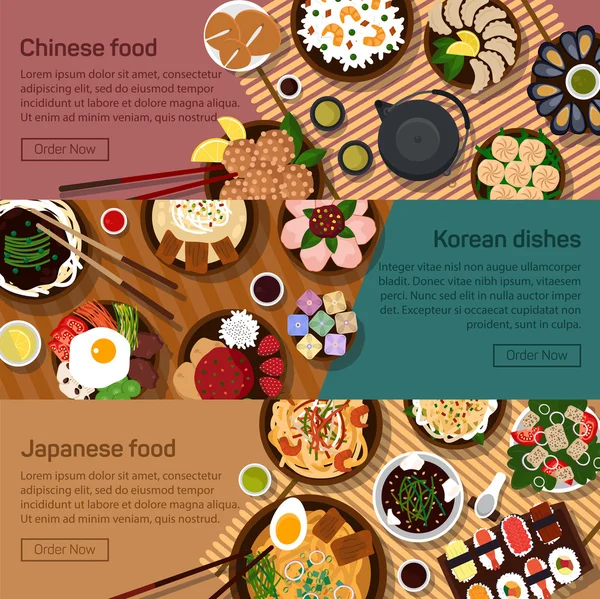 Vector flat illustration of chinese, japanese, korean national dishes.