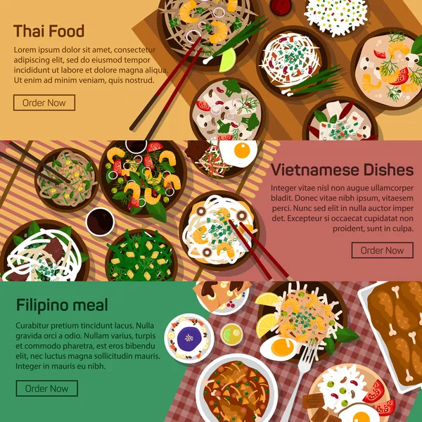 Vector flat illustration of thai, vietnam, philippines national dishes. — Stock Vector