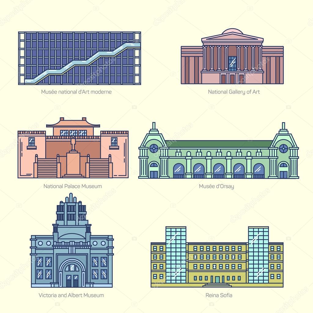 Monuments thin line vector icons. National Gallery of Art, National Palace Museum, Orsay, Victoria and Albert Museum, Sofia. Famous world museums