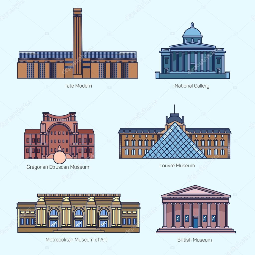 Monuments thin line vector icons. Tate Modern, National Gallery, Gregorian Etruscan Museum, Louvre, Metropolitan Museum of Art, British Museum.  Famous world museums