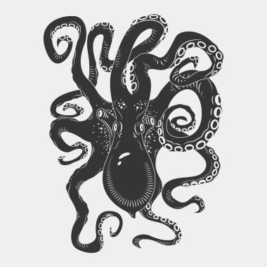 Sualtı, izole üzerinde beyaz Yüzme tentacles kıvrık ile siyah tehlike ahtapot karakter karikatür. Dövme ya da üzerinde bir t-shirt, poster ya da logo, vektör çizim şekli