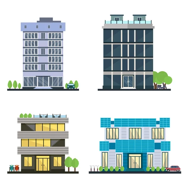 Conjunto de vector moderno centro de negocios con diversas fachadas de arquitectura.Casas y edificios de oficinas en una gran ciudad. Tiendas y cafeterías, oficinas. Elementos para la construcción de paisajes urbanos . — Vector de stock