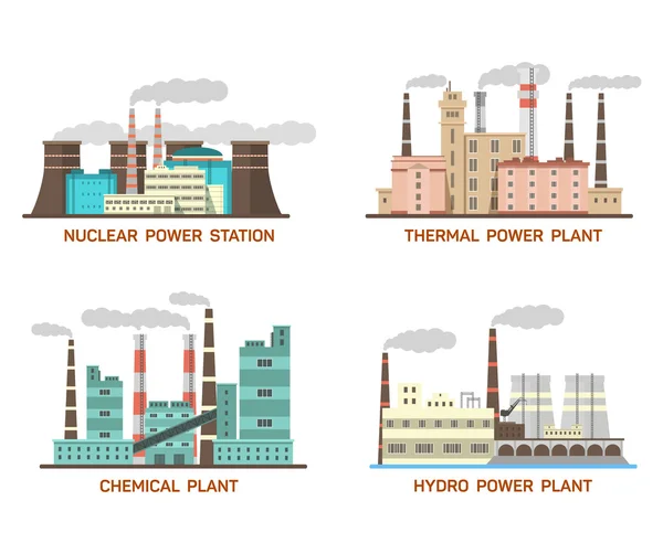 Σύνολο βιομηχανικής επίπεδη εικονογράφηση φορέας των διαφορετικών τύπων σταθμών. Σύλληψη της παραγωγής ενέργειας και ρύπανση του περιβάλλοντος. Πυρηνική, θερμική, υδροηλεκτρική ενέργεια, χημική ενέργεια. — Διανυσματικό Αρχείο