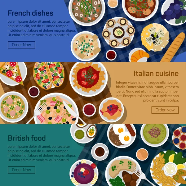 Διάνυσμα πανό επίπεδη απεικόνιση της βρετανικής, ιταλική, γαλλική εθνικά πιάτα. Αυγό, ψωμί, κρουασάν, τηγανητό πατάτας, haute, νουβέλα, σούπας με θαλασσινά, σάλτσα, σταφύλι, λεμόνι, πίτσα, λουκάνικο, ψημένο βοδινό. — Διανυσματικό Αρχείο