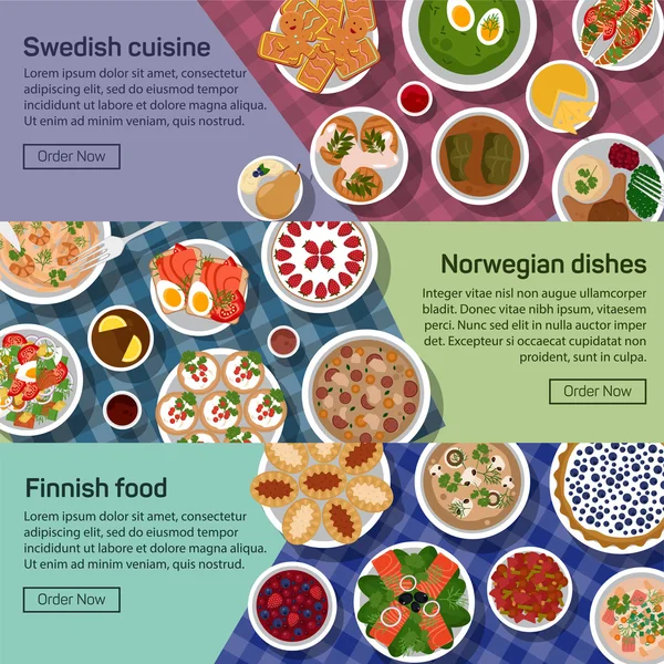 핀란드, 노르웨이, 스웨덴 국가 요리의 벡터 평면 그림 배너. 달걀, 잼, 미트볼, 소스, smushroom, 대 고, lapskaus, 카레, 딸기, 순 록 고기 건강 한 재료와 함께. — 스톡 벡터