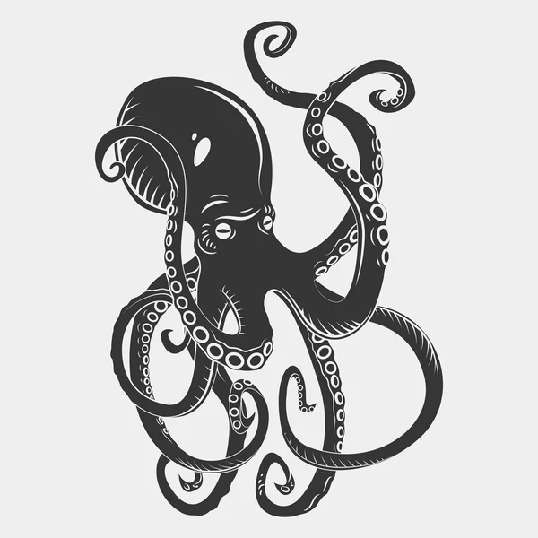 Cartone animato pericolo nero polpo personaggi con tentacoli arricciacapelli nuotare sott'acqua, isolato su bianco. Tatuaggio o motivo su una t-shirt, poster o logo, illustrazione vettoriale — Vettoriale Stock