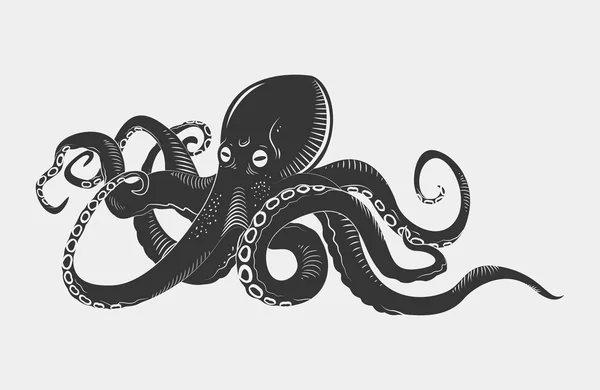 Cartone animato pericolo nero polpo personaggi con tentacoli arricciacapelli nuotare sott'acqua, isolato su bianco. Tatuaggio o motivo su una t-shirt, poster o logo, illustrazione vettoriale — Vettoriale Stock