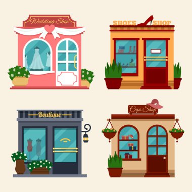 Vector illustration of buildings that are shops for buying presents. Set of nice flat shops. Different Showcases - wedding dresses, shops with women shoes on high heels, boutique, caps shop.