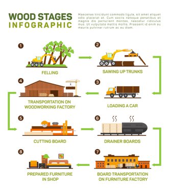 Vector flat set of wood production. Felling, Sawing up trucks, transportation to the wood factory, cutting board, furniture factory, infographic illustration of furniture production