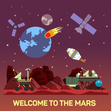 Vector flat illustration of Mars colony with comets, meteors, craters, satellites, bases, rover, shuttles in space. Curiosity program, rover with turret. Concept of human future and NASA colonization.